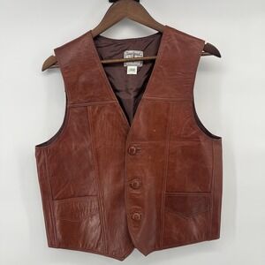 Vintage 1970s hippie Brown Leather Button Up Vest with Front Pockets Size XL